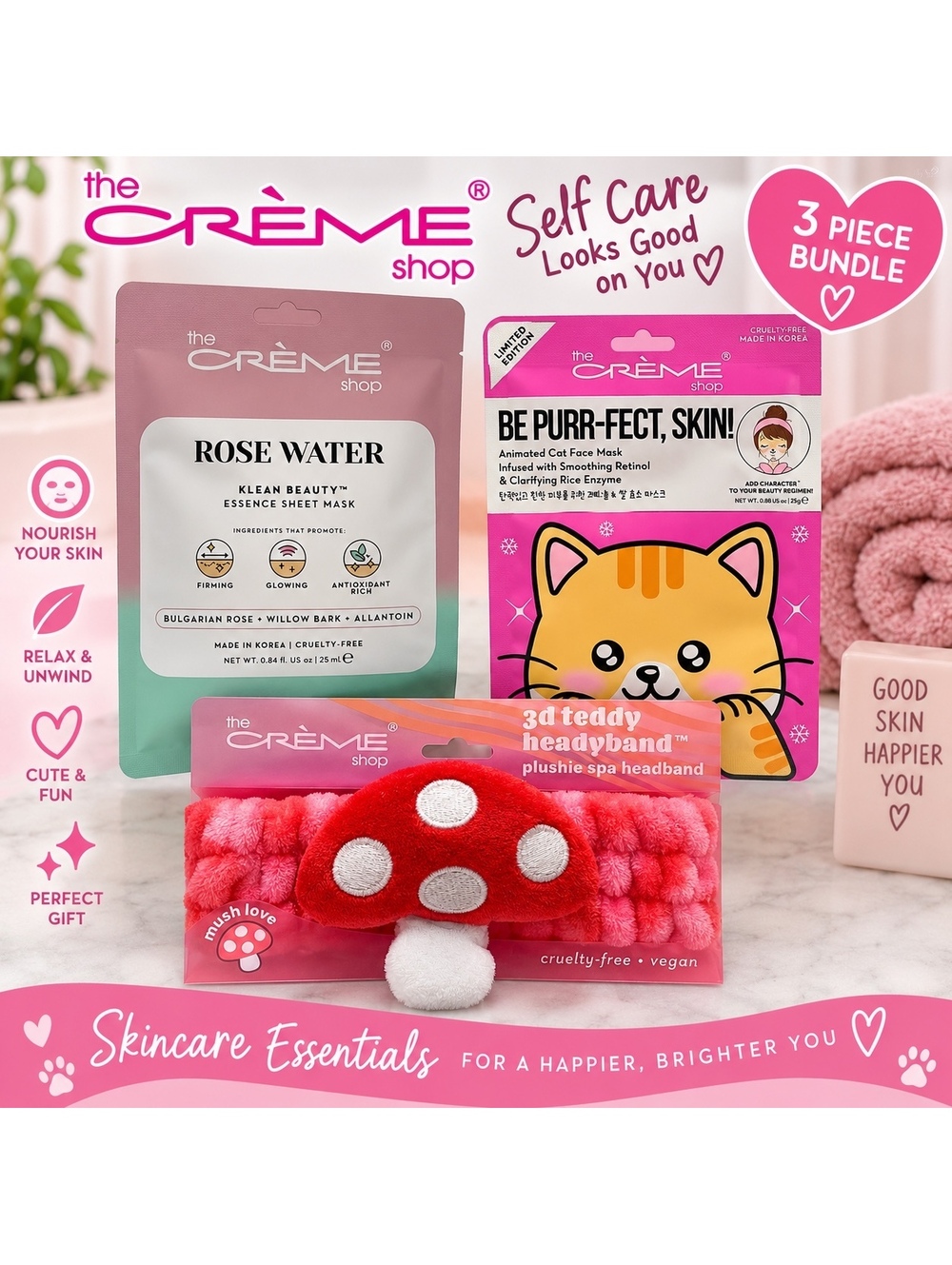 The Crème Shop 3 Piece Skincare Bundle with Headband & Face Masks
